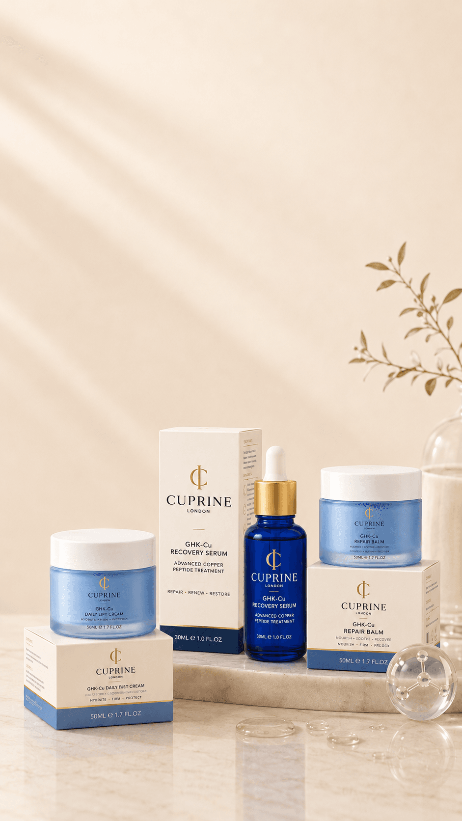 The Cuprine GHK-Cu collection — serum, cream and repair balm