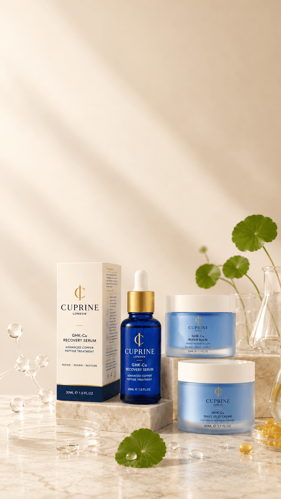 Cuprine GHK-Cu products with botanicals and scientific glassware